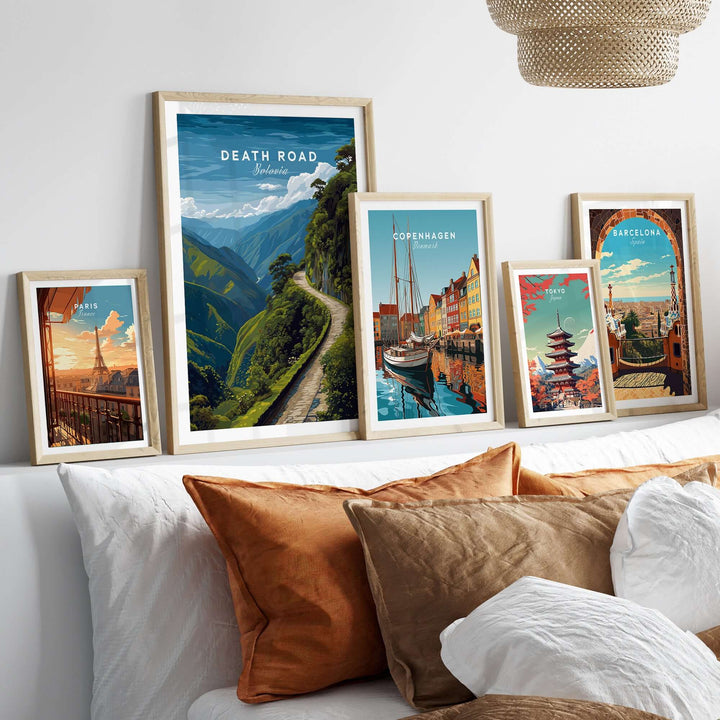 Death Road Andes Print | Yungas Road Poster displayed in a stylish interior among other travel-themed art prints.