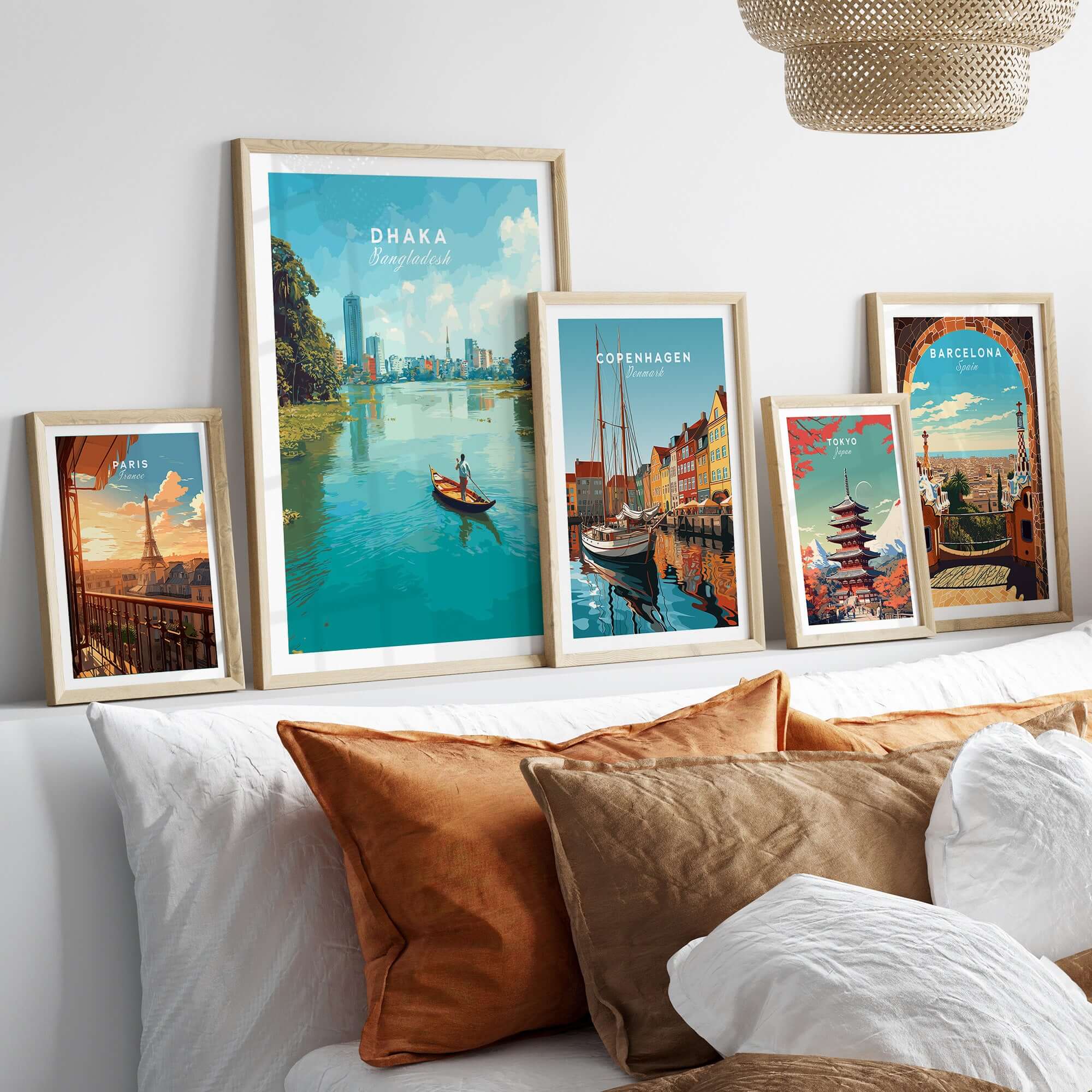 Dhaka Poster Bangladesh River City View Print - Urban Waterfront Wall Art displayed in a modern home decor setting.