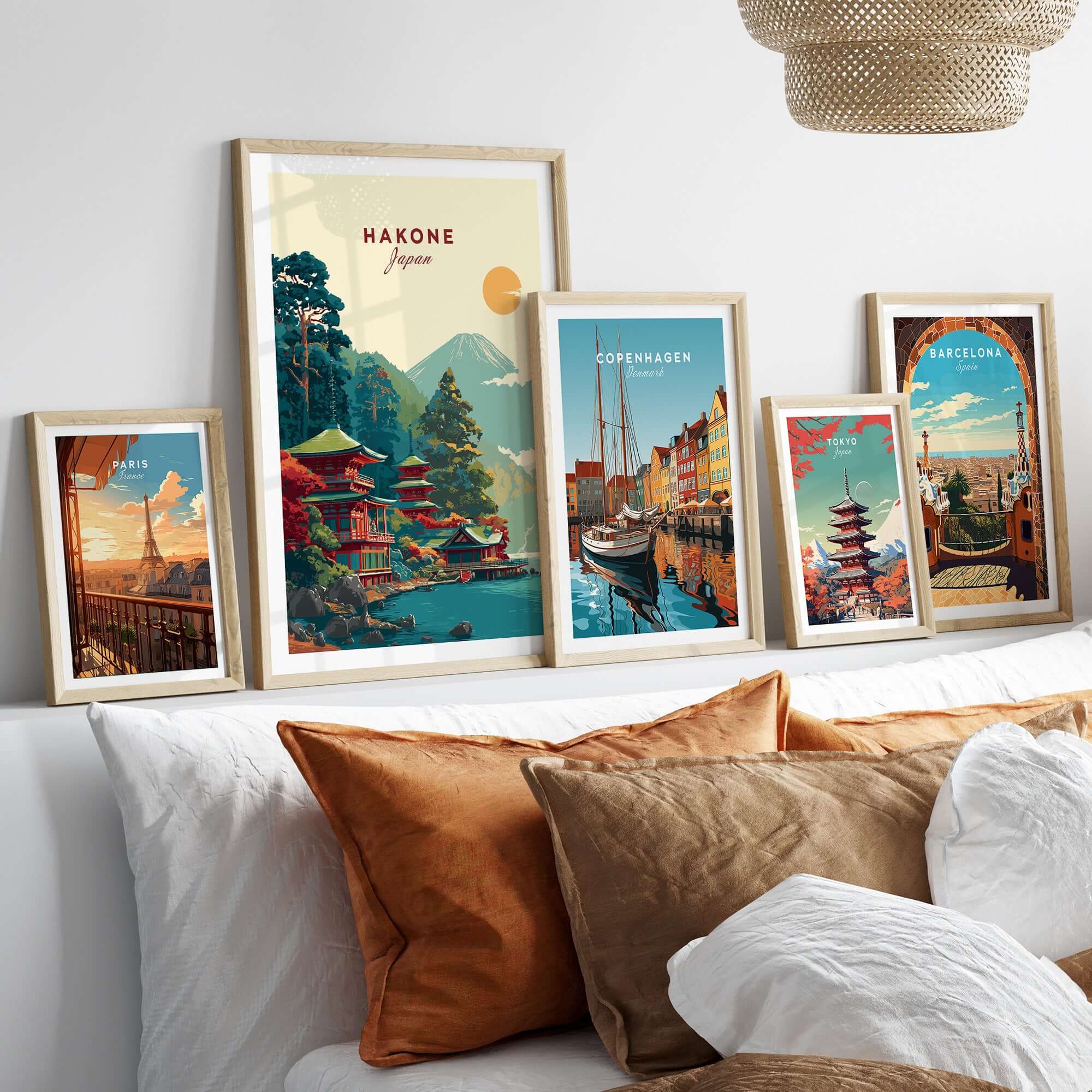Hakone Japan Lake Ashi Temple Print - Japanese Pagoda Wall Art displayed with other travel prints.