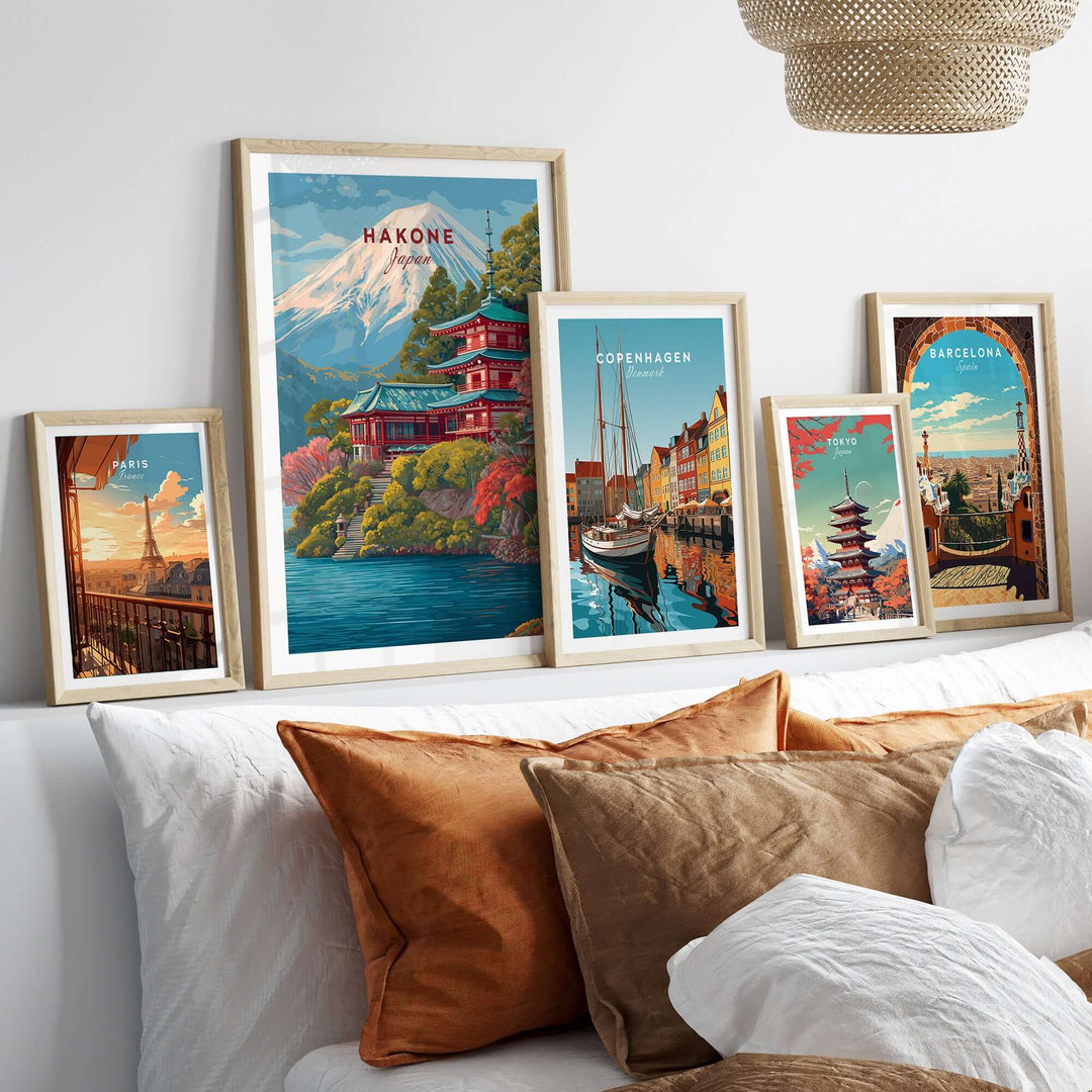 Framed prints of Hakone, Copenhagen, and Barcelona featuring picturesque landscapes and iconic landmarks.