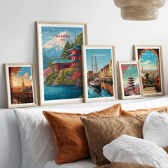 Hakone Japan Print Historic Shrine Lake Ashi Art - Mount Fuji Pagoda Poster displayed in a stylish home interior.