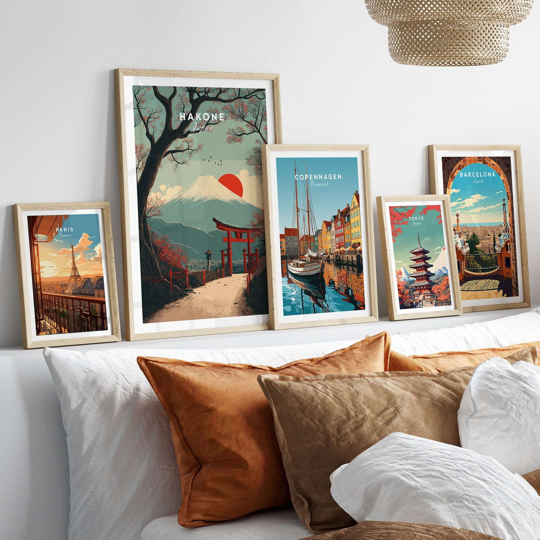 Gallery of travel posters including Hakone Japan Torii Gate and landscapes from Copenhagen and Barcelona.