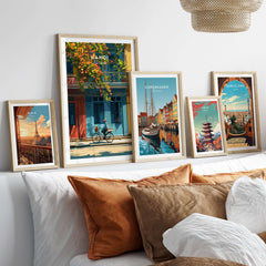 Hanoi Vietnam Print - Vibrant Hanoi Wall Art displayed among other city prints in a cozy living room setting.