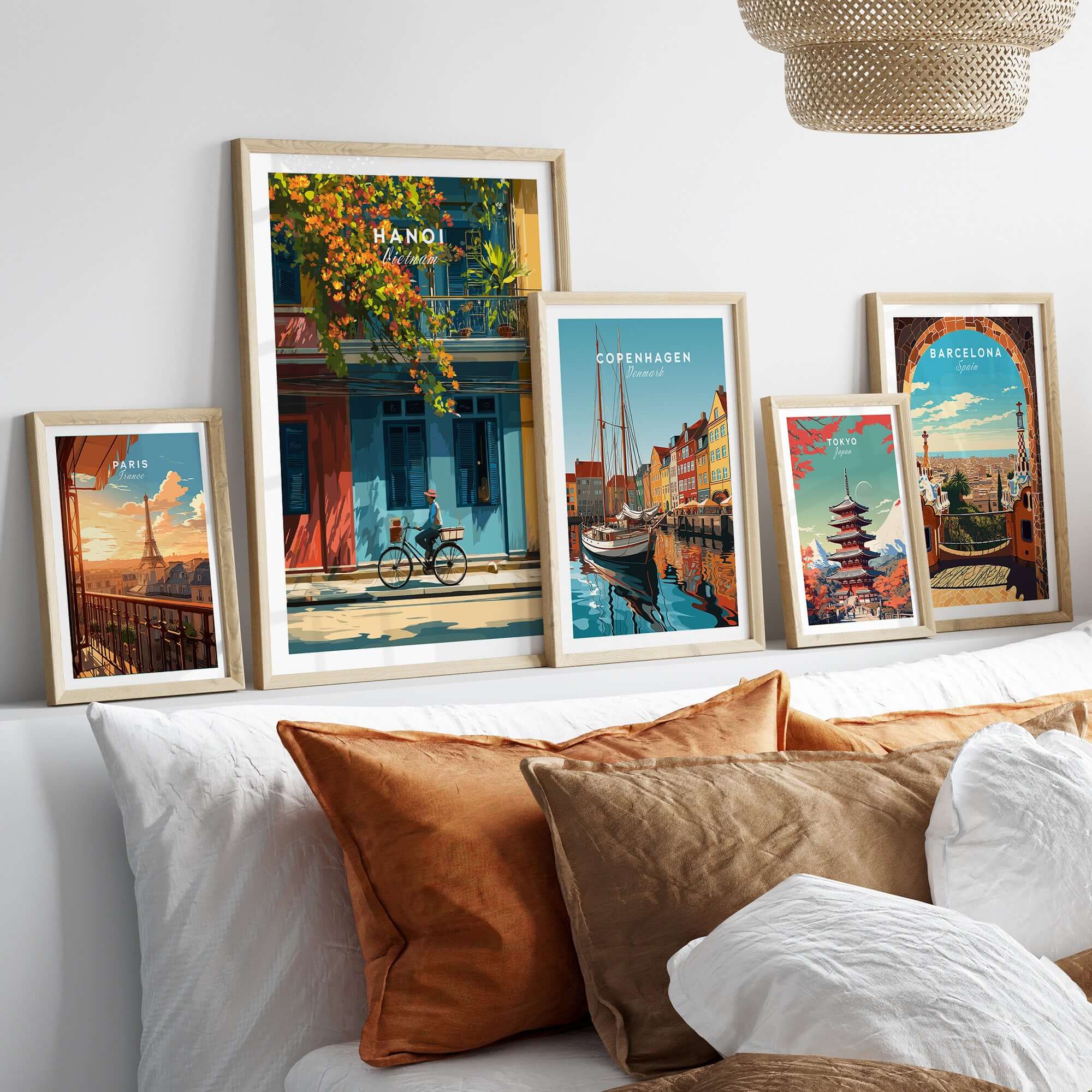 Hanoi Vietnam Print - Vibrant Hanoi Wall Art displayed among other city prints in a cozy living room setting.