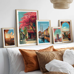 Hanoi Vietnam Print Cherry Blossom Street - Colorful City Wall Art displayed among framed artworks on a vibrant interior wall.