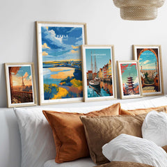 Hayle Cornwall Poster - UK Coastal Landscape Print displayed among various framed travel posters.