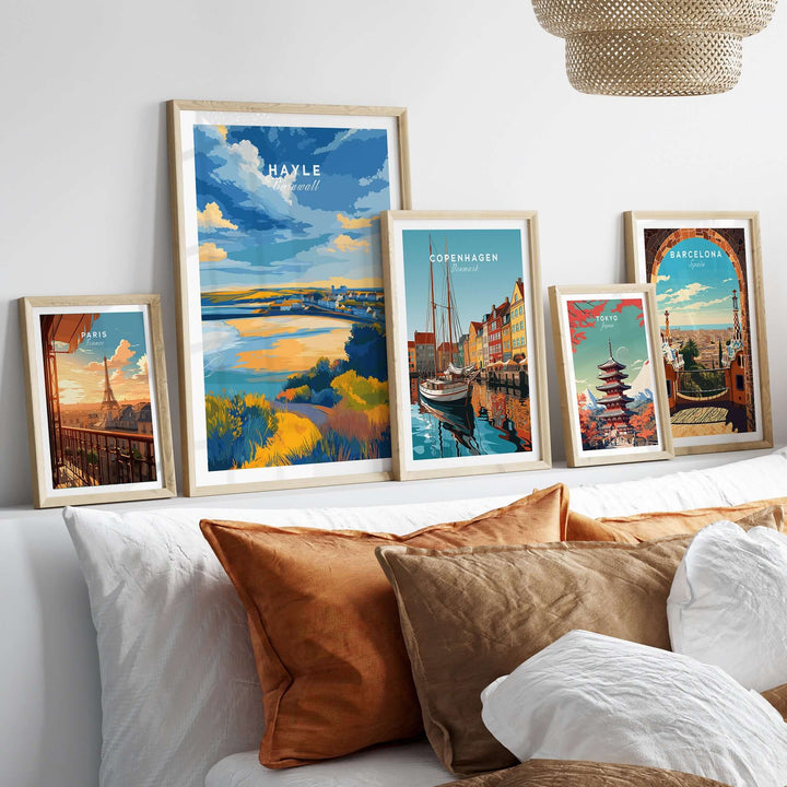 Hayle Cornwall coastal landscape poster and other framed city prints on a stylish interior decor setup.