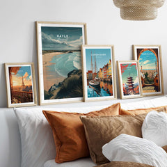 Hayle Cornwall Coastal Beach Print - Seaside Cliffs Wall Art displayed in a stylish living room setting.