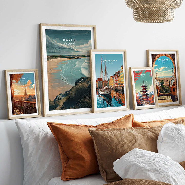 Collection of coastal and city artwork prints, featuring Hayle Cornwall beach scene and other vibrant locations.