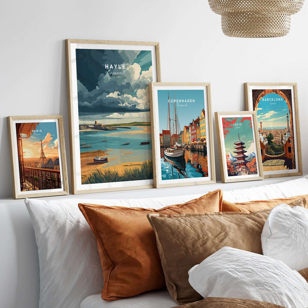 Framed Hayle Boats in the Bay print and coastal art showcasing tranquil scenes of Cornwall and cityscapes, enhancing interior decor.