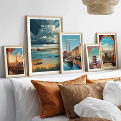 Hayle Boats in the Bay Print - Coastal Cornwall Wall Art showcased in a cozy living room with framed artwork.