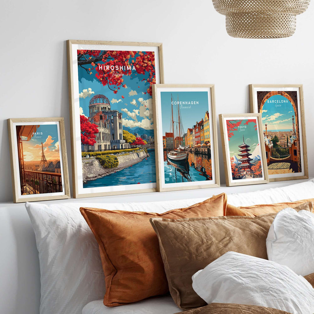 Hiroshima Japan print wall art showcasing iconic landmarks framed on a modern interior wall.