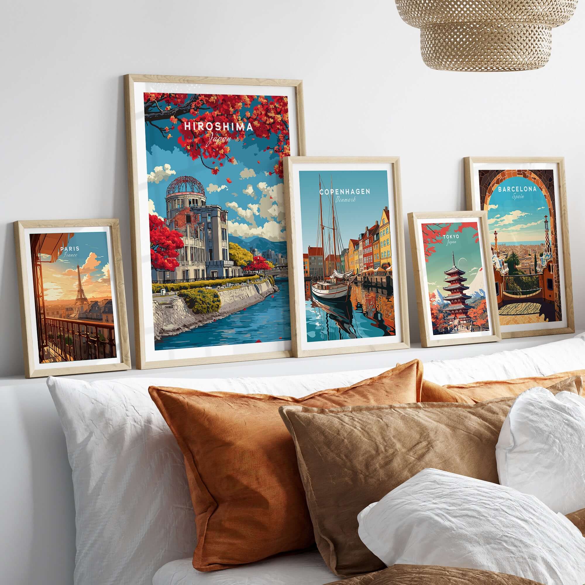 Hiroshima Japan Print Wall Art displayed in a cozy home setting with other city prints.