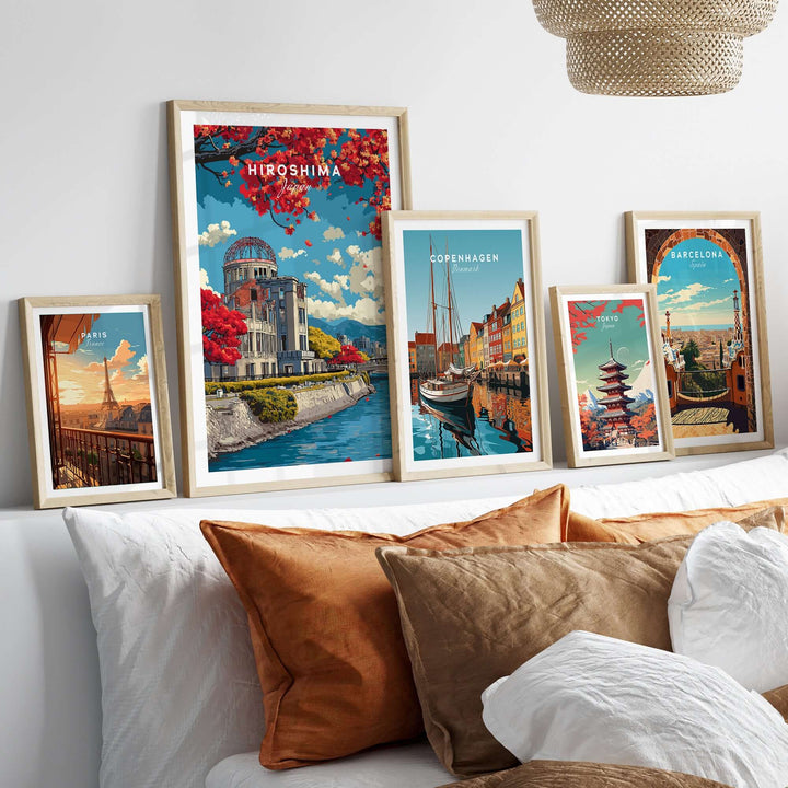 Hiroshima Japan print wall art showcasing iconic landmarks framed on a modern interior wall.