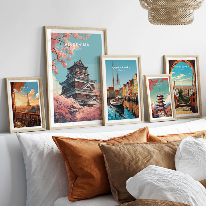Hiroshima cherry blossom poster art display featuring Japanese landmarks and spring scenery.