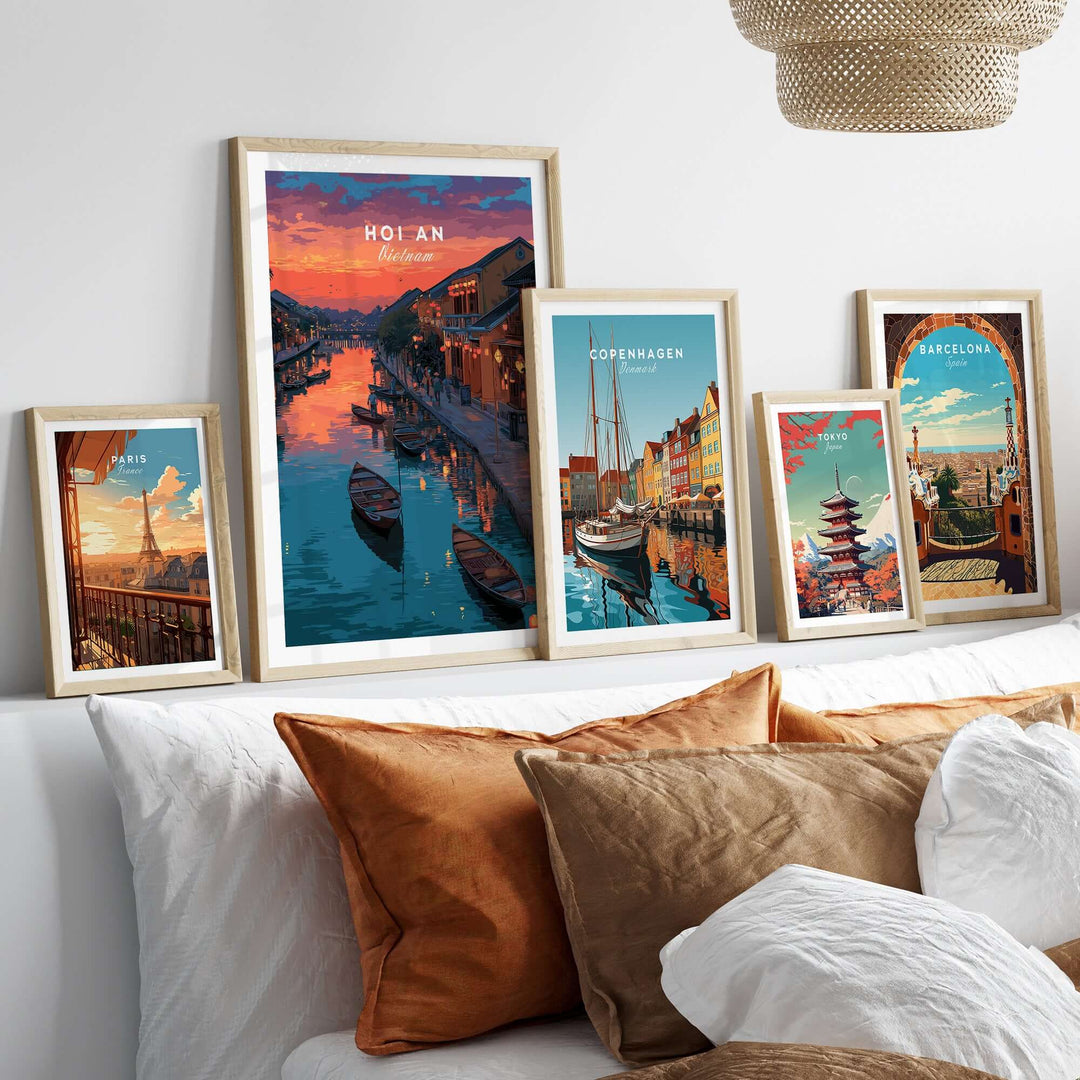 Hoi An Vietnam poster among framed travel art, showcasing vibrant colors and historic architecture.