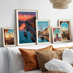 Hoi An Vietnam Poster - Ancient Town Wall Art displayed among other city-themed wall art in a stylish living room.