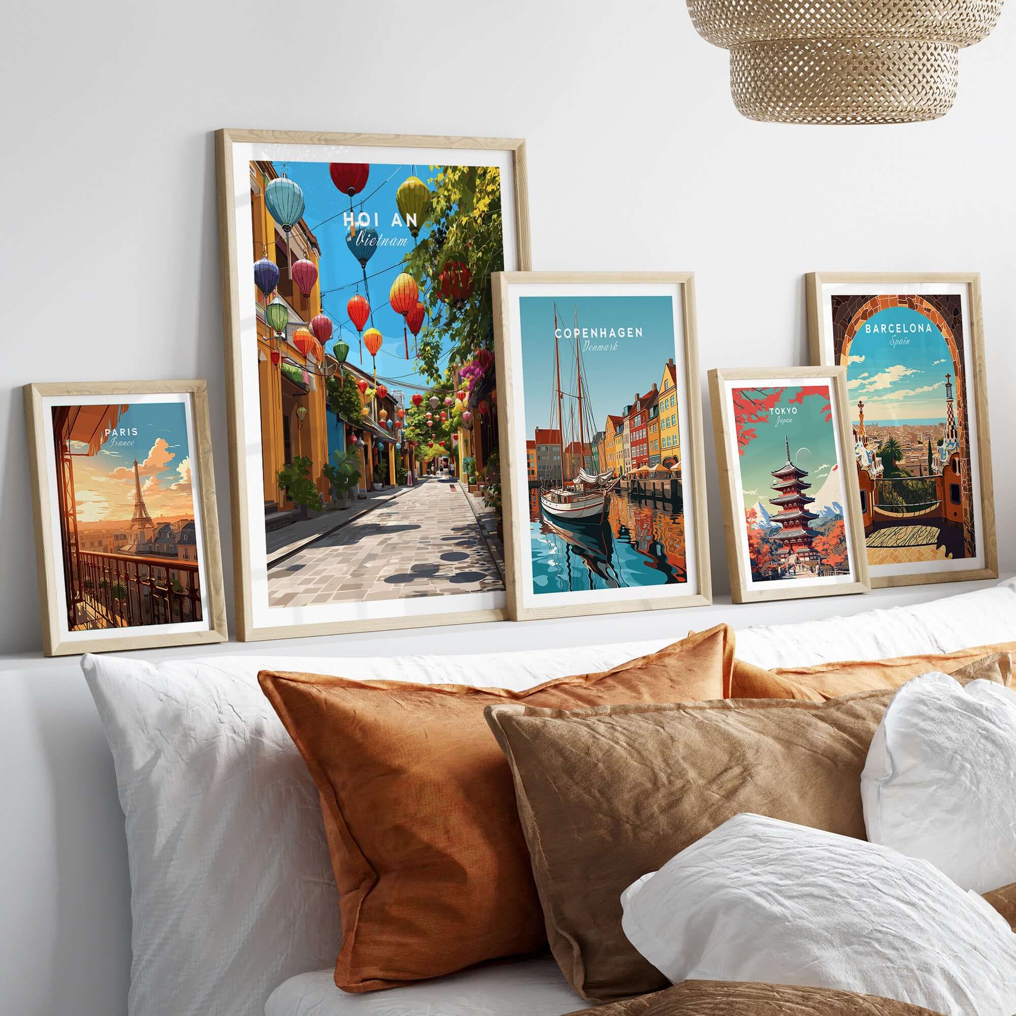 Hoi An Vietnam Colorful Lantern Street Poster - Ancient Town Hallway Print displayed in a stylish home decor with cozy cushions.