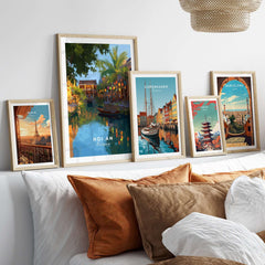 Hoi An Vietnam Night Print - Old Town Lanterns Poster displayed with other city art prints in a cozy living room setting.