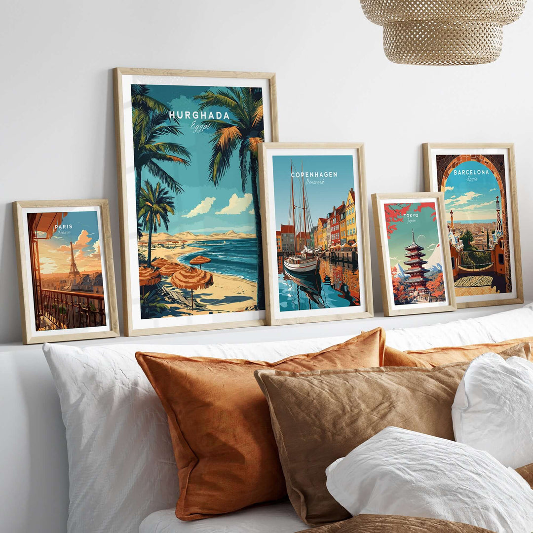 Framed tropical vacation wall art featuring Hurghada, Egypt, and vibrant views of coastal destinations.