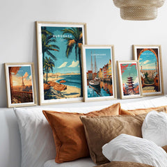 Hurghada Egypt Print - Tropical Vacation Wall Art framed above a cozy bed, showcasing vibrant coastal scenes.