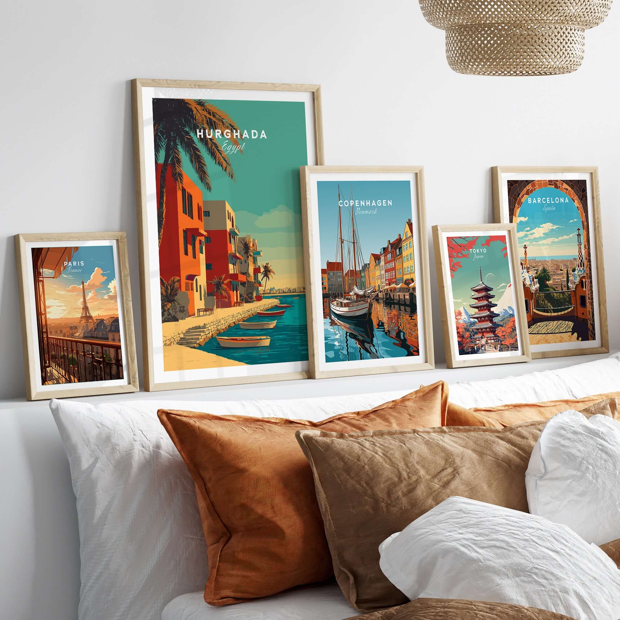 Hurghada Egypt Poster - Red Sea Boats Print displayed among other city posters on a cozy bed.