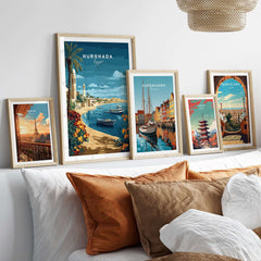 Hurghada Print Egypt - Red Sea Travel Wall Art displayed on a sofa with other travel prints in stylish frames.