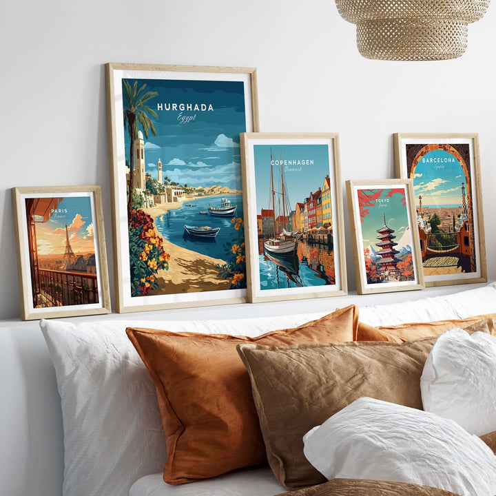 Vibrant Hurghada print and travel wall art showcasing Egypt's Red Sea coast in a cozy living room setting.