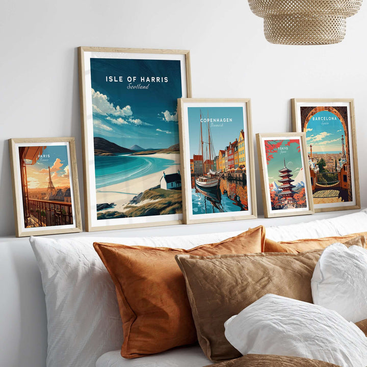 Isle of Harris Scotland beach house seascape poster alongside other city prints in a cozy living room setting.