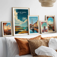 Isle of Harris Print Scotland Coastal Cottage Landscape - Rolling Hills Wall Art displayed in a cozy living room setting.