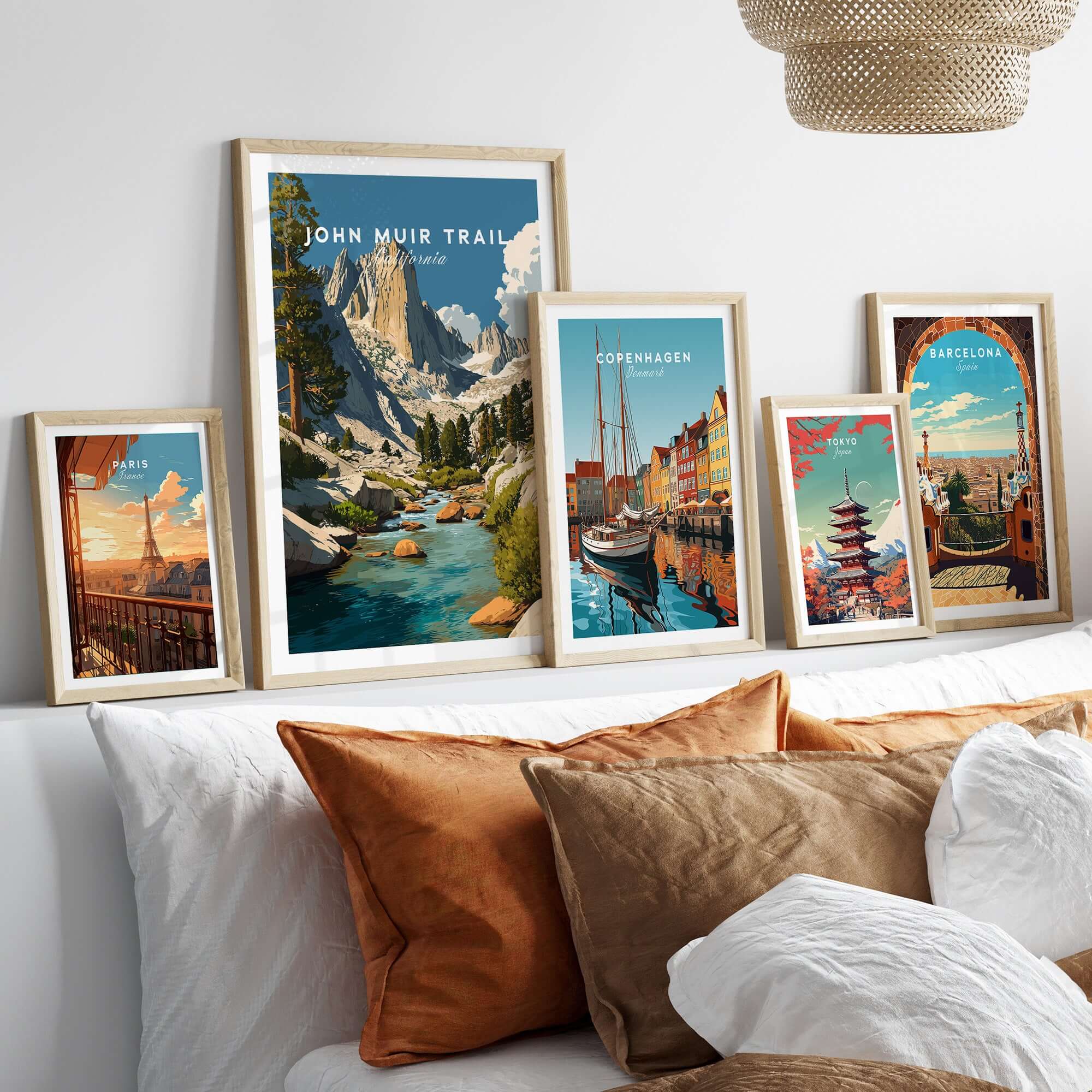 John Muir Trail California Majestic Peaks Stream Print - High Sierra Wall Art displayed in a cozy bedroom arrangement.