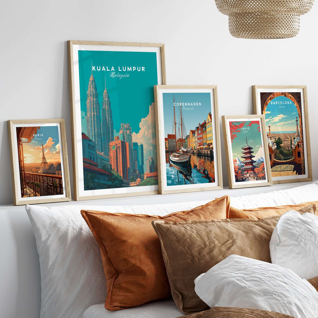 Framed Kuala Lumpur skyline print with Petronas Towers and other city art, modern decor for urban enthusiasts.