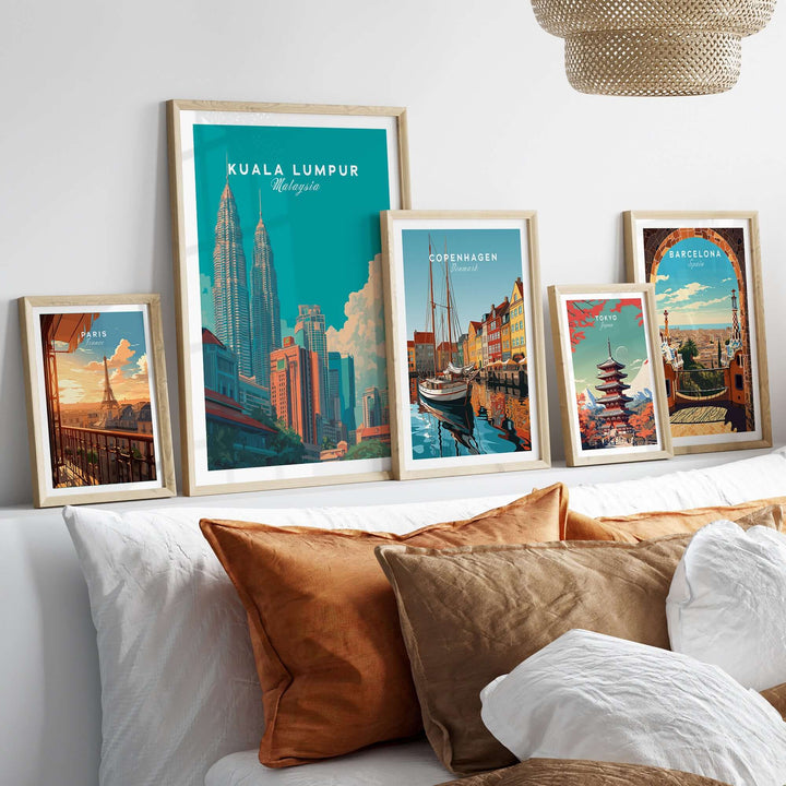 Framed Kuala Lumpur skyline print with Petronas Towers and other city art, modern decor for urban enthusiasts.