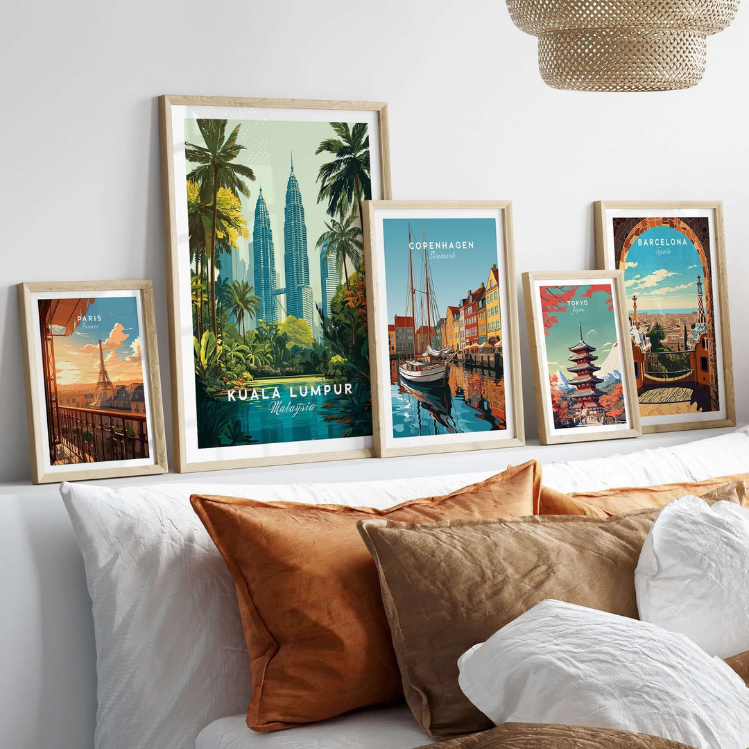 Framed posters of Kuala Lumpur Twin Towers and other cityscapes, adding a vibrant touch to a cozy living space.