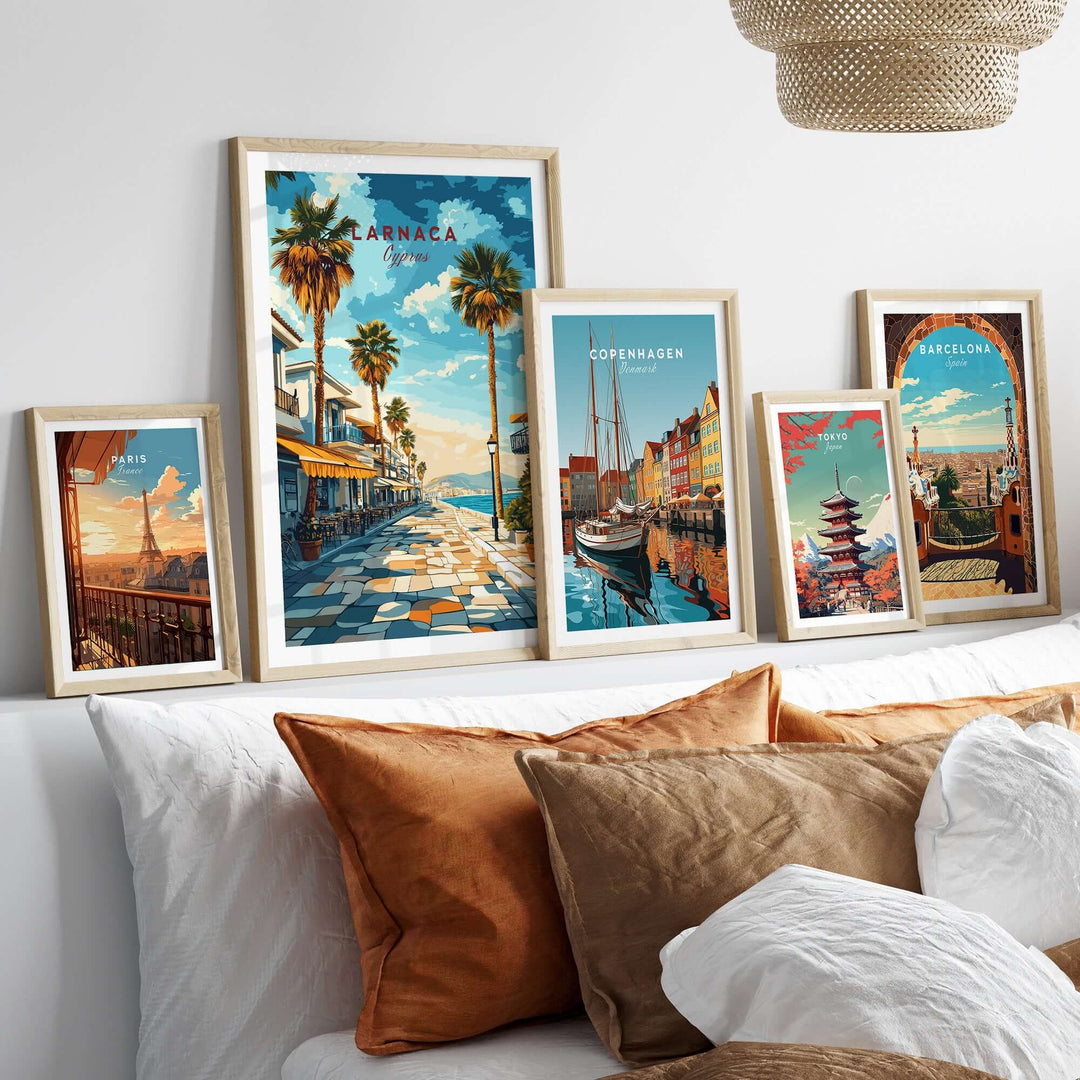 Larnaca Cyprus travel poster displayed among other vibrant city prints in a cozy living room setting.
