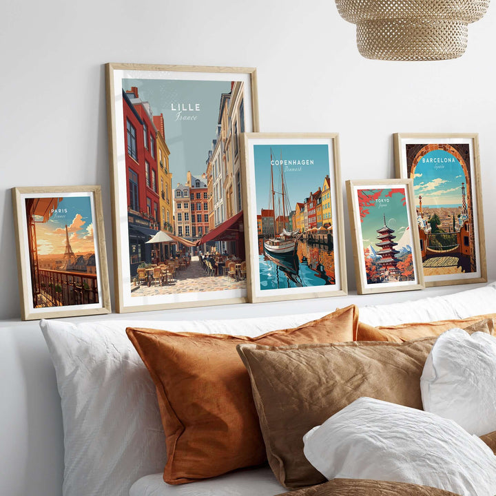 Lille France print street scene displayed in a stylish living room with framed artwork.