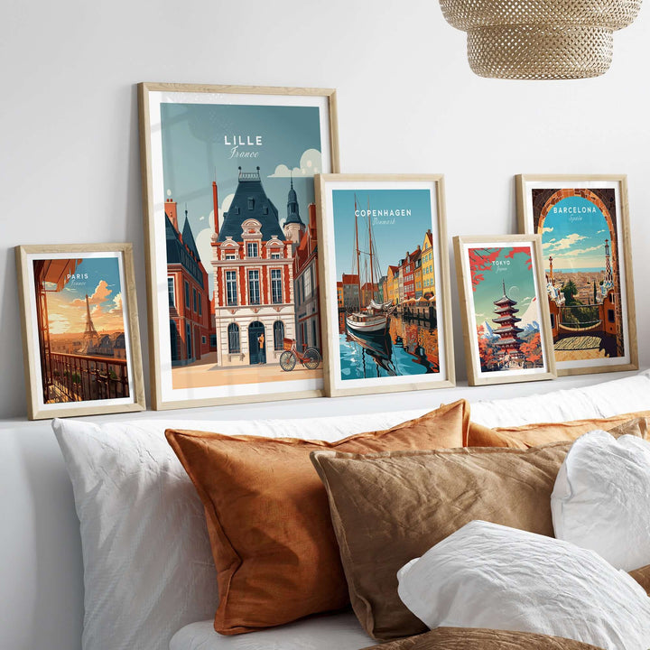 Lille France historic architecture print displayed in a stylish living room setting with decorative cushions.