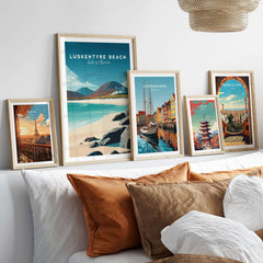 Luskentyre Beach Print Isle of Harris White Sand Coastal Poster - Scottish Island Wall Art displayed in a modern living room.
