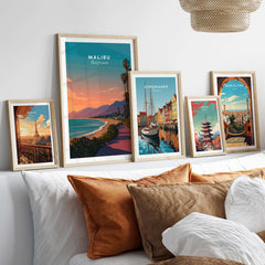 Malibu California Beach Sunset Print - Pacific Coast Highway Wall Art displayed in a cozy living room with other framed art.