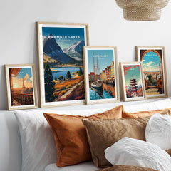 Mammoth Lakes California Mountain Trail Print - Sierra Nevada Landscape Poster displayed among other travel prints on a wall.