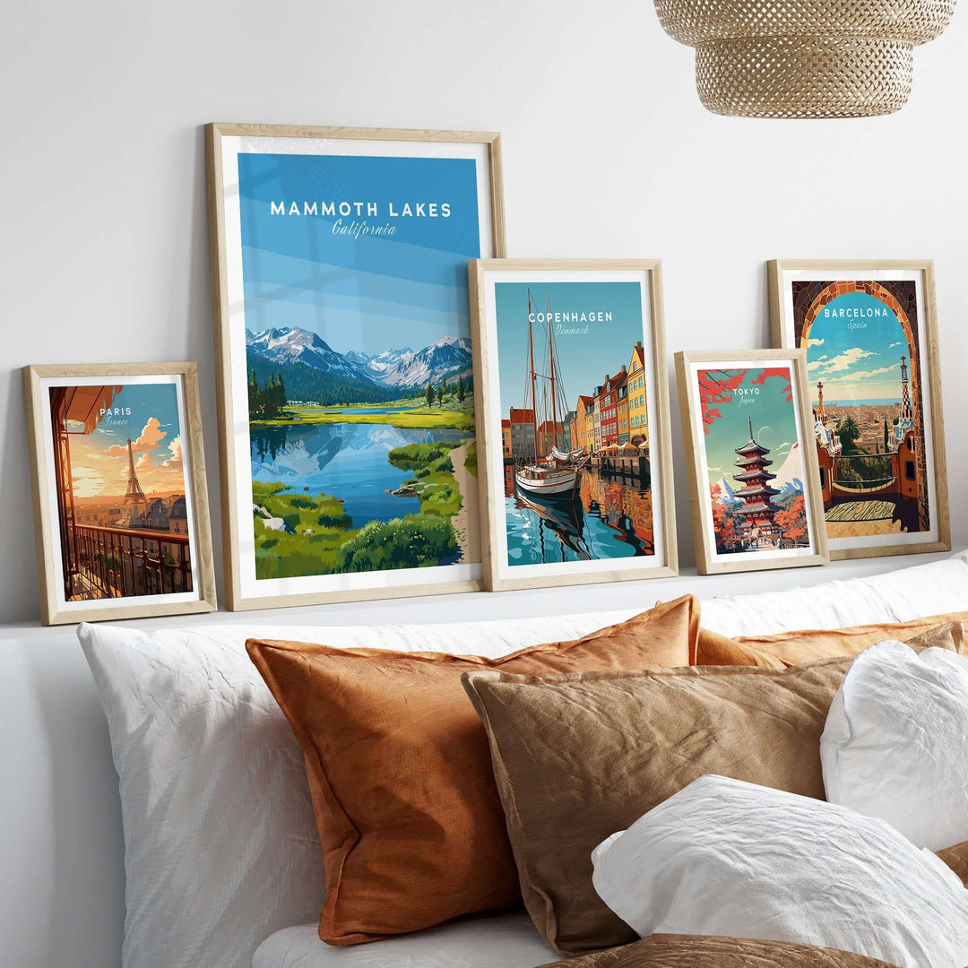 Mammoth Lakes scenic print displayed in a cozy living room with decorative pillows and framed travel posters.
