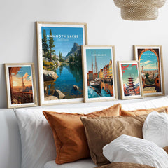 Mammoth Lakes California Poster displayed among other travel posters on a modern wall.