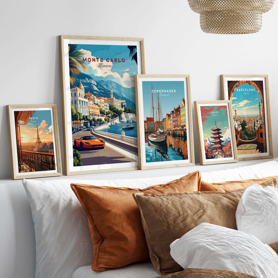 Monte Carlo print in stylish frames on a wall, showcasing vibrant Mediterranean travel posters and elegant decor.