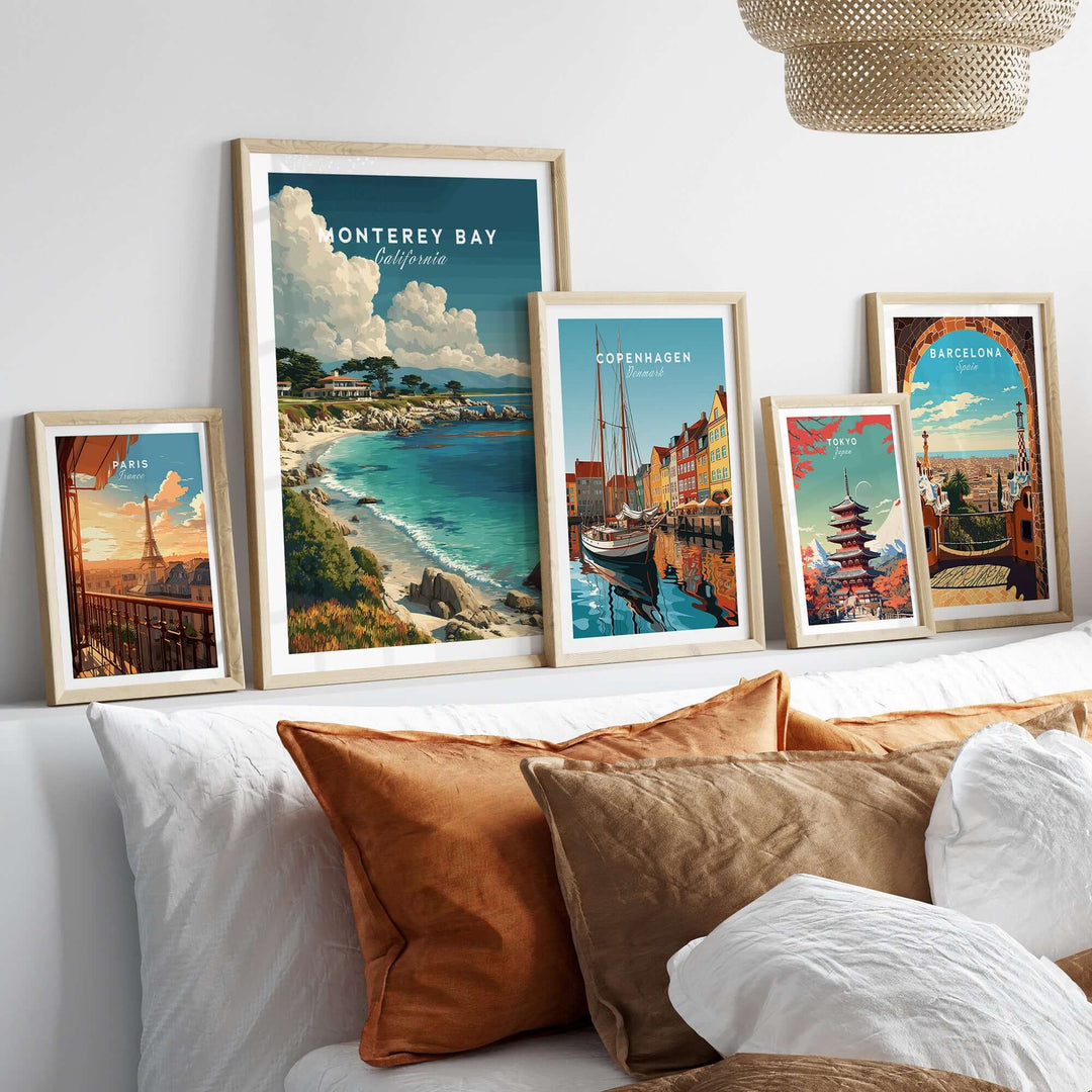 Monterey Bay California coastal beach print framed alongside travel art, enhancing a cozy living space.