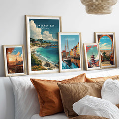 Monterey Bay California Coastal Beach Print - Pacific Ocean Wall Art displayed in framed art collection on a cozy bed.