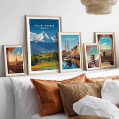 Mount Shasta California Print - Northern California Wall Art displayed in a stylish home setting with other travel prints.