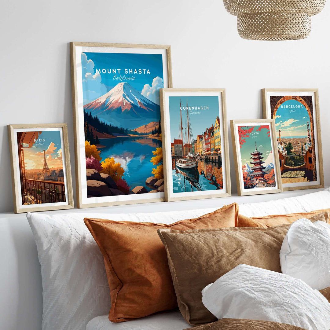 Framed Mount Shasta wall art with other travel prints, showcasing California's iconic landscapes and vibrant colors.