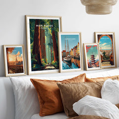 Muir Woods Poster California - Redwood Wall Art displayed with other travel posters in a cozy living room setting