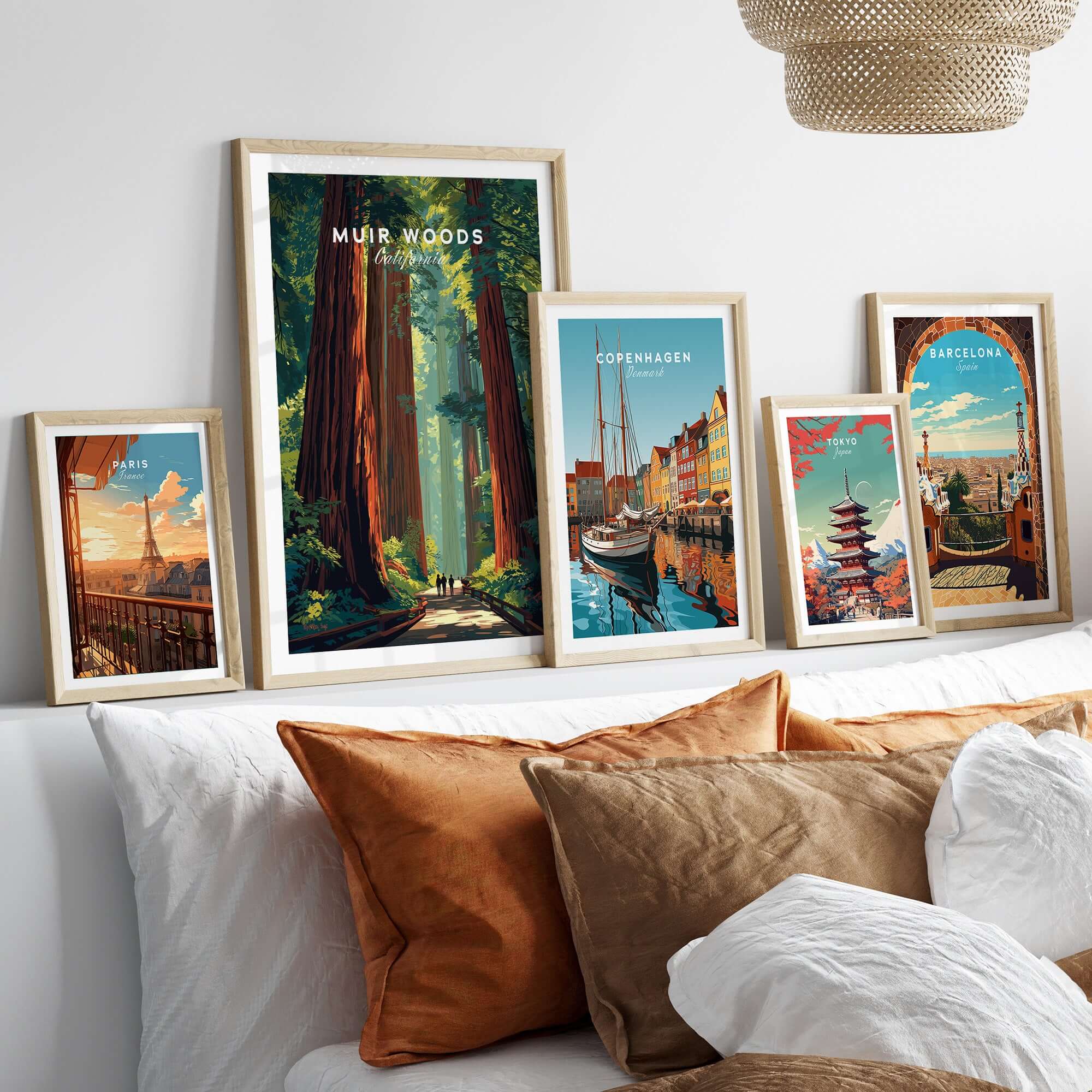 Muir Woods Poster California - Redwood Wall Art displayed with other travel posters in a cozy living room setting