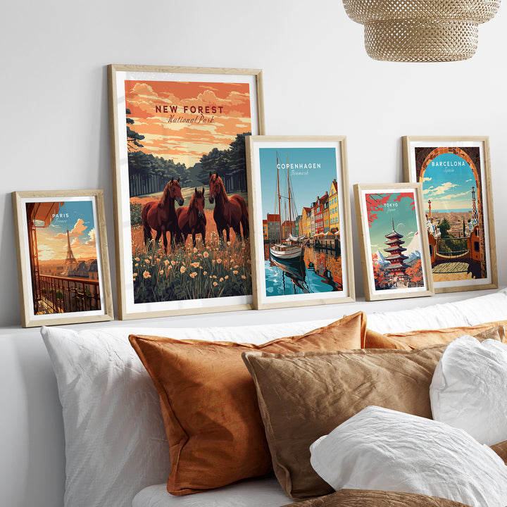 "New Forest Print and scenic posters displayed on a shelf above a bed, capturing the essence of nature and travel destinations"